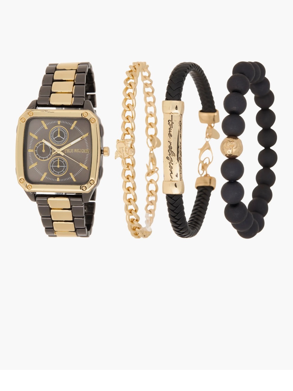 True Religion Black and Gold unisex Bracelet Watch Set